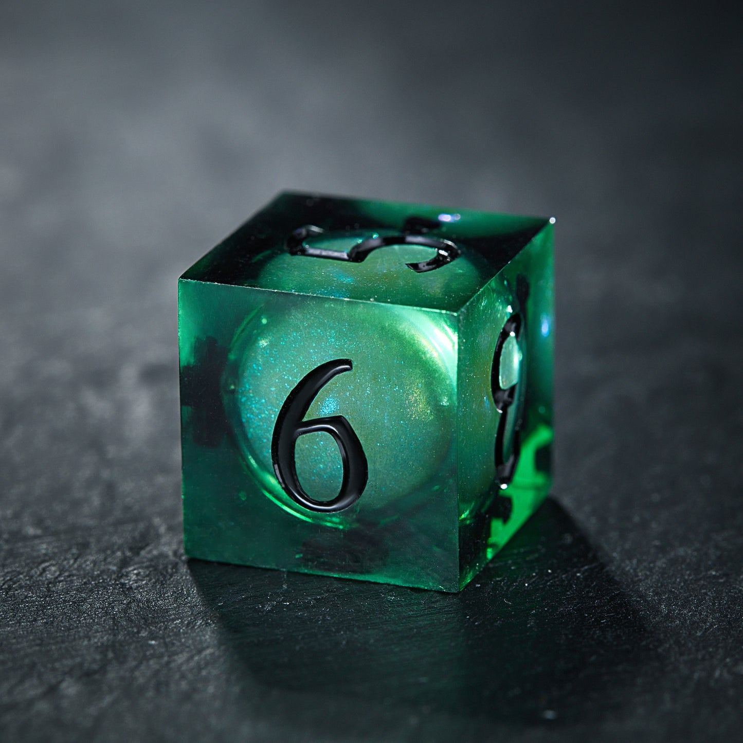 Green Liquid Core Resin Galaxy Dice Flying Dragon DnD D&D Dice Set