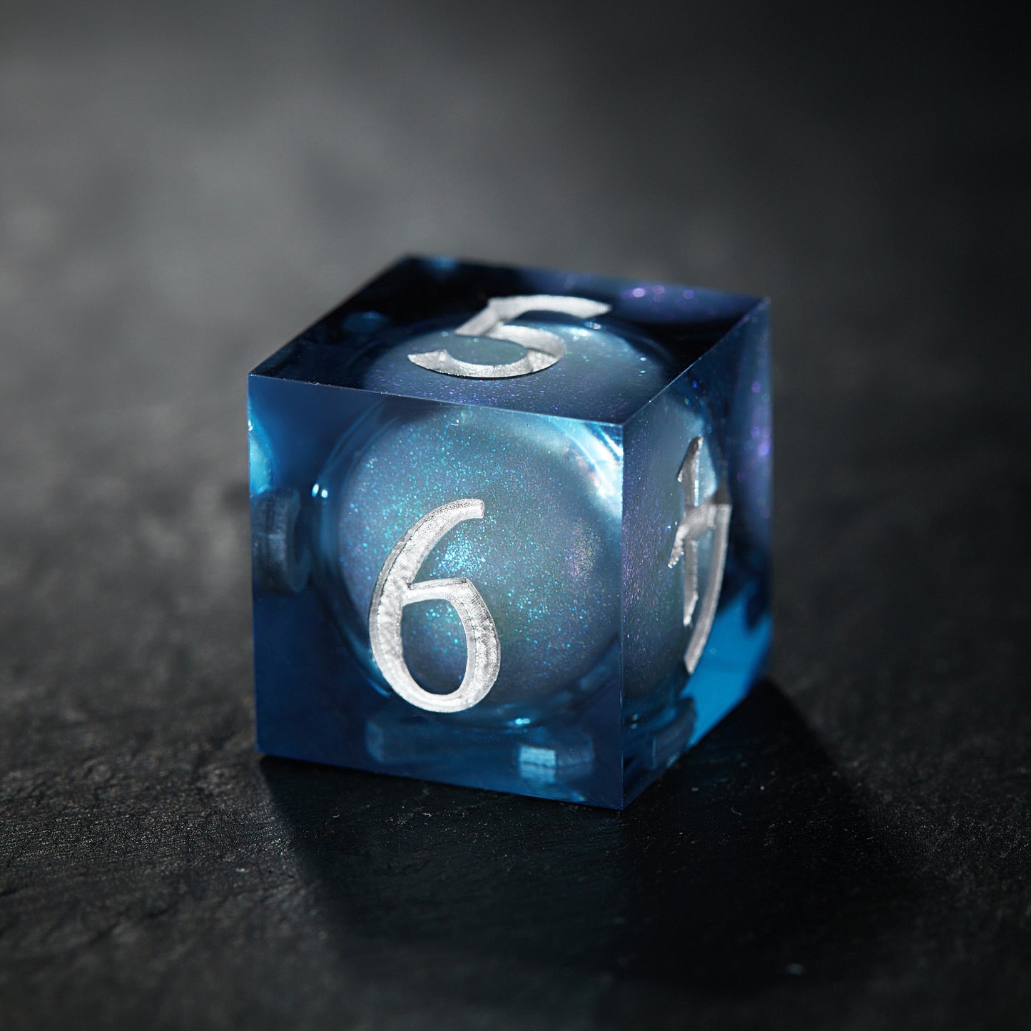 Dark Blue Liquid Core Resin Galaxy Dice Flying Dragon DnD D&D Dice Set