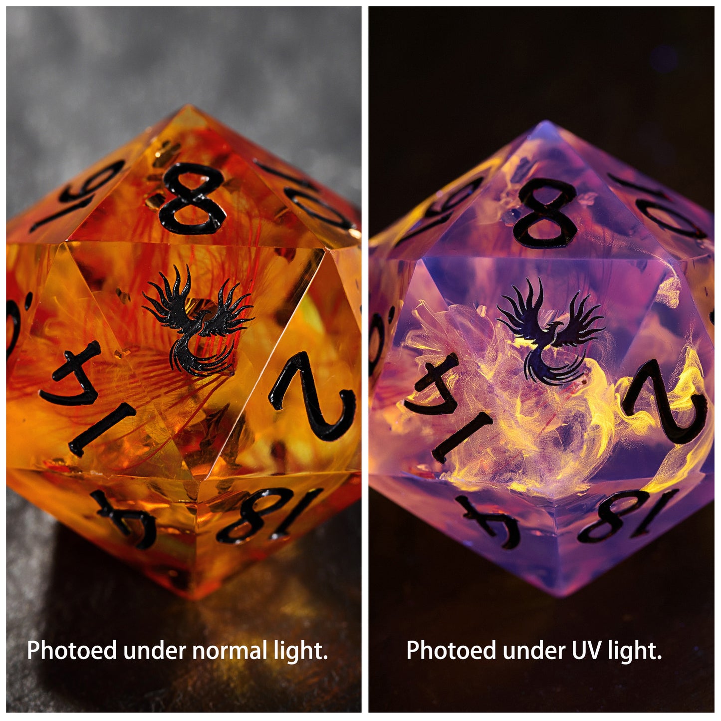 Red Feather Glitter Resin Phoenix UV Reactive Dice DnD D&D Dice Set