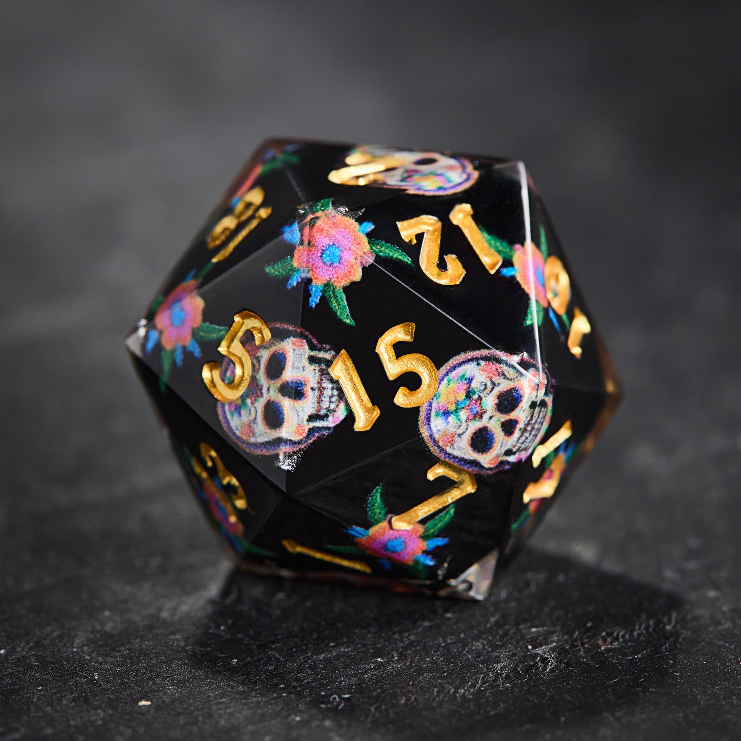 Vintage Floral Skulls Black Resin DnD D&D Dice Set