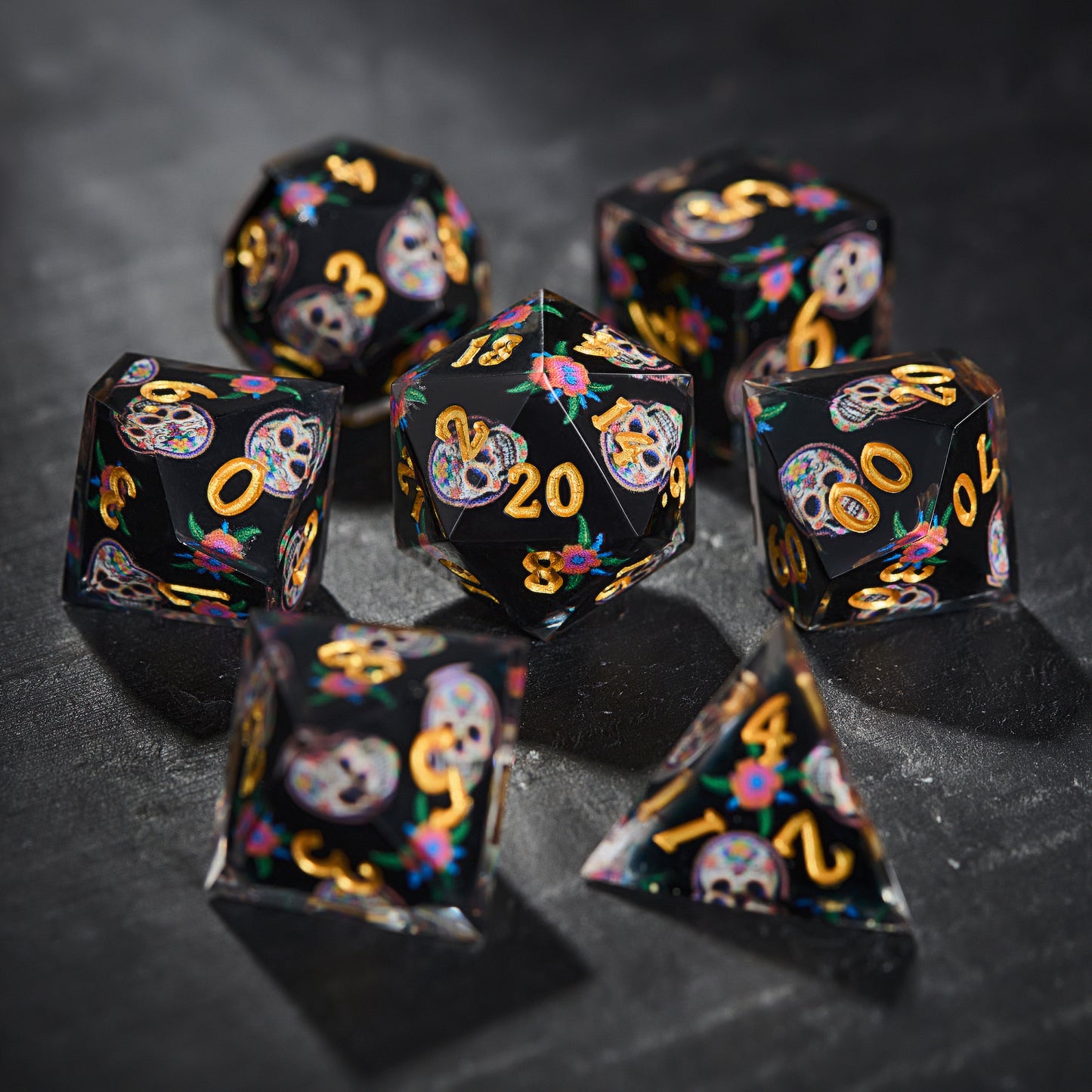 Vintage Floral Skulls Black Resin DnD D&D Dice Set