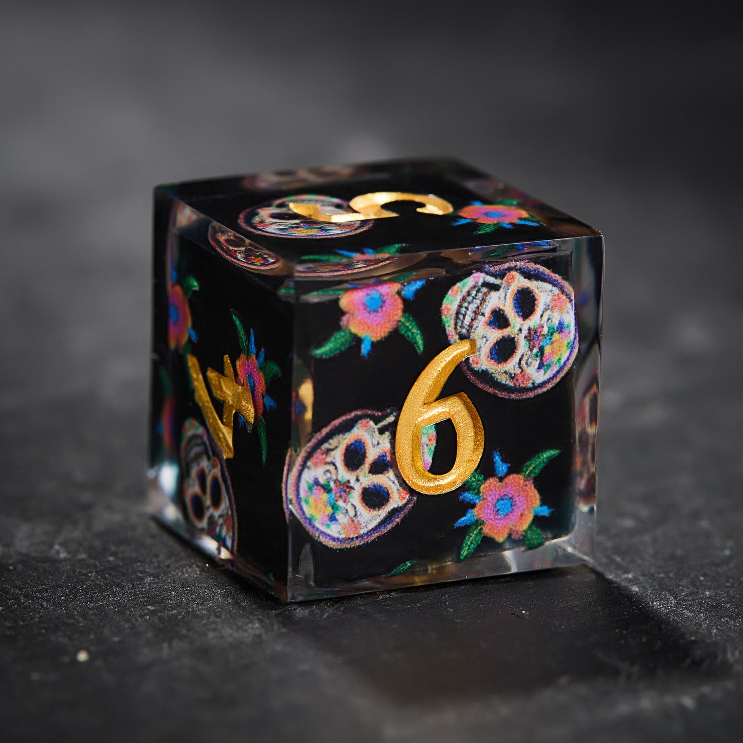 Vintage Floral Skulls Black Resin DnD D&D Dice Set