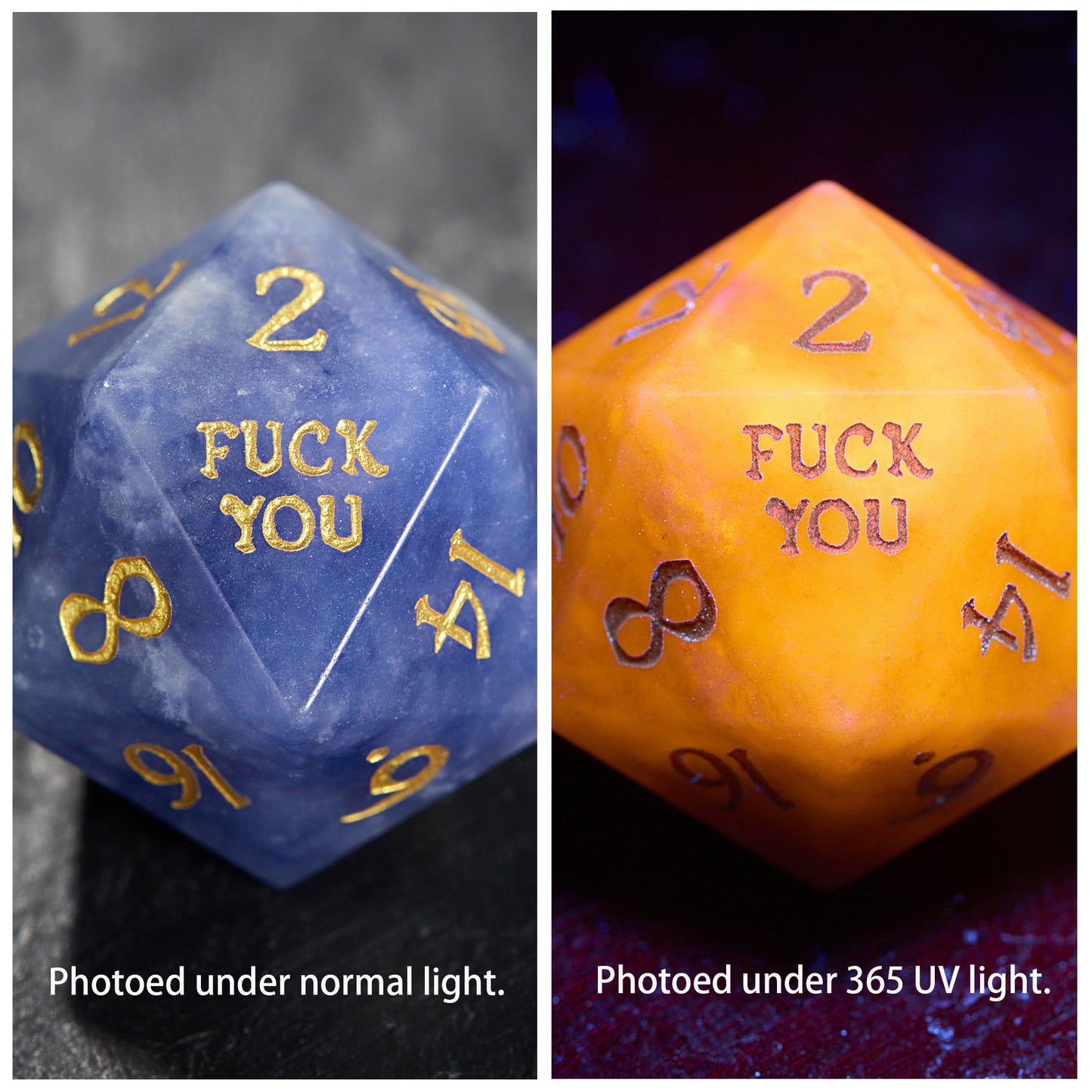 Blue Yooperlite UV Reactive Gemstone F Word DnD D&D Dice Set