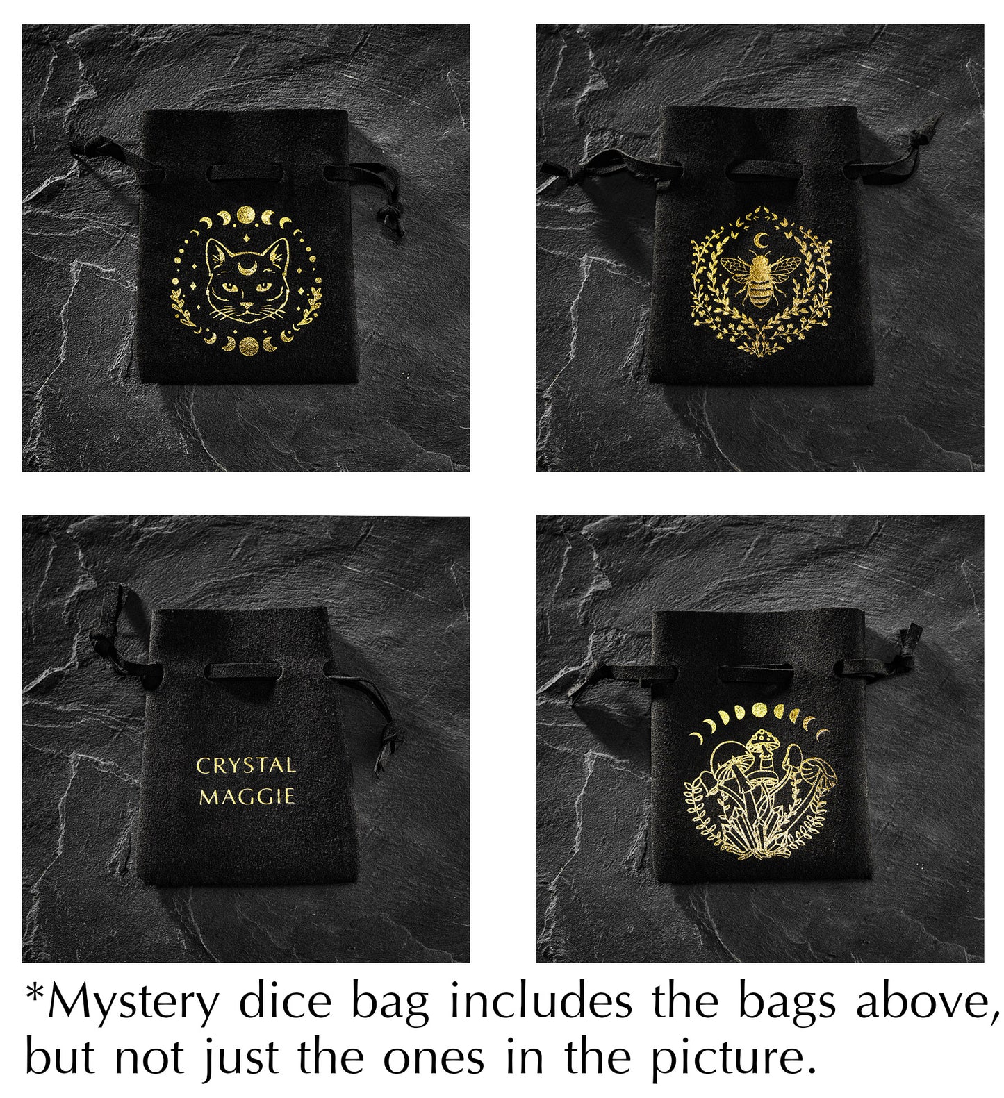 a set of four black bags with gold designs on them