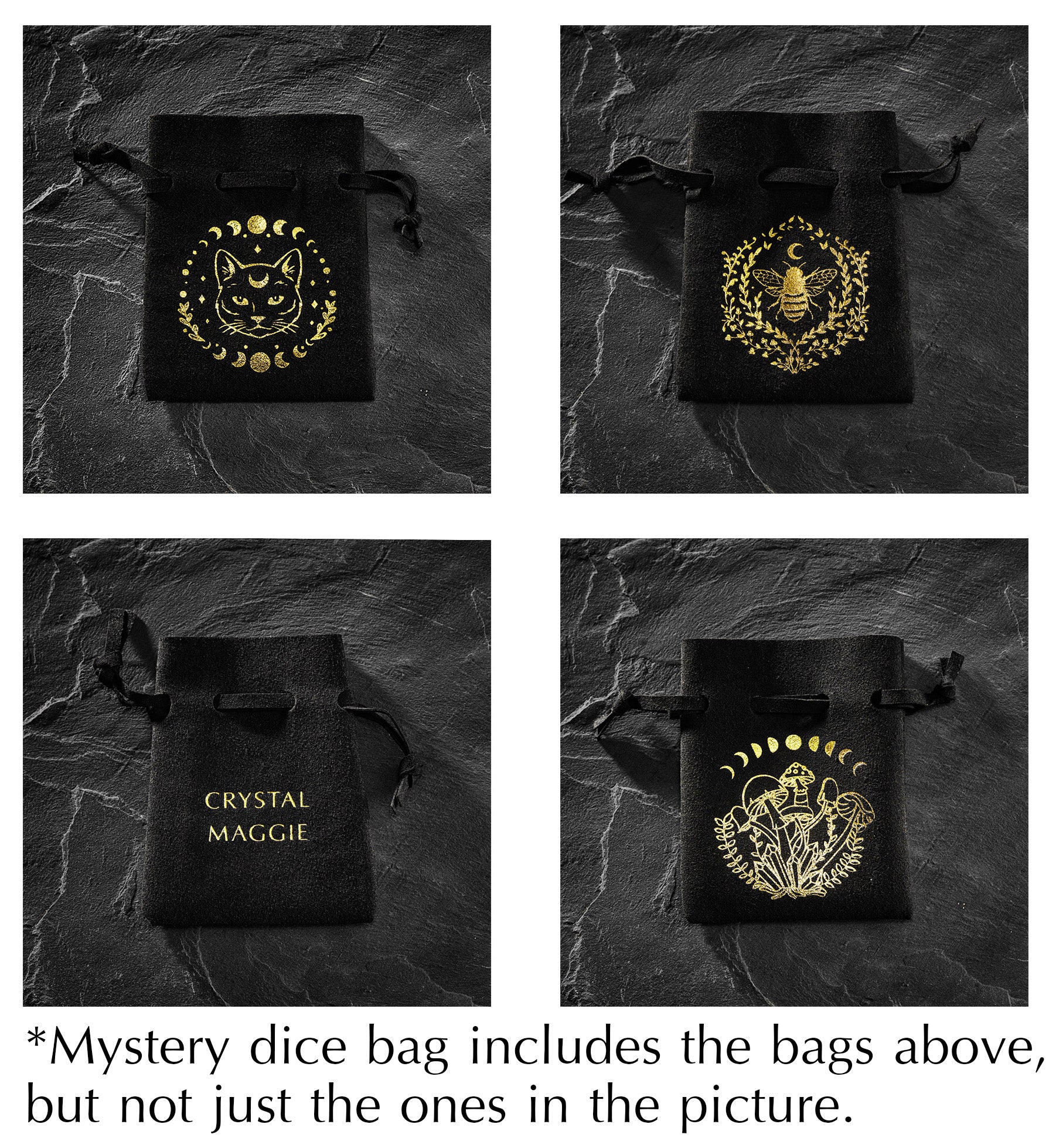 a set of four black bags with gold designs on them