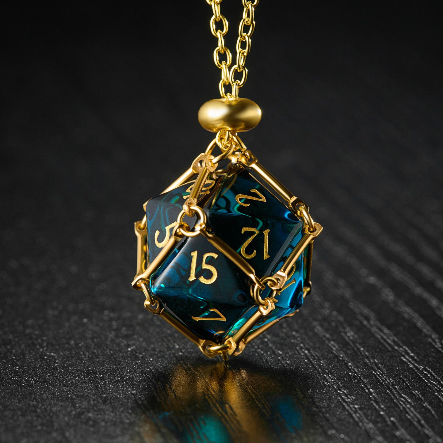a blue and gold necklace with a number on it
