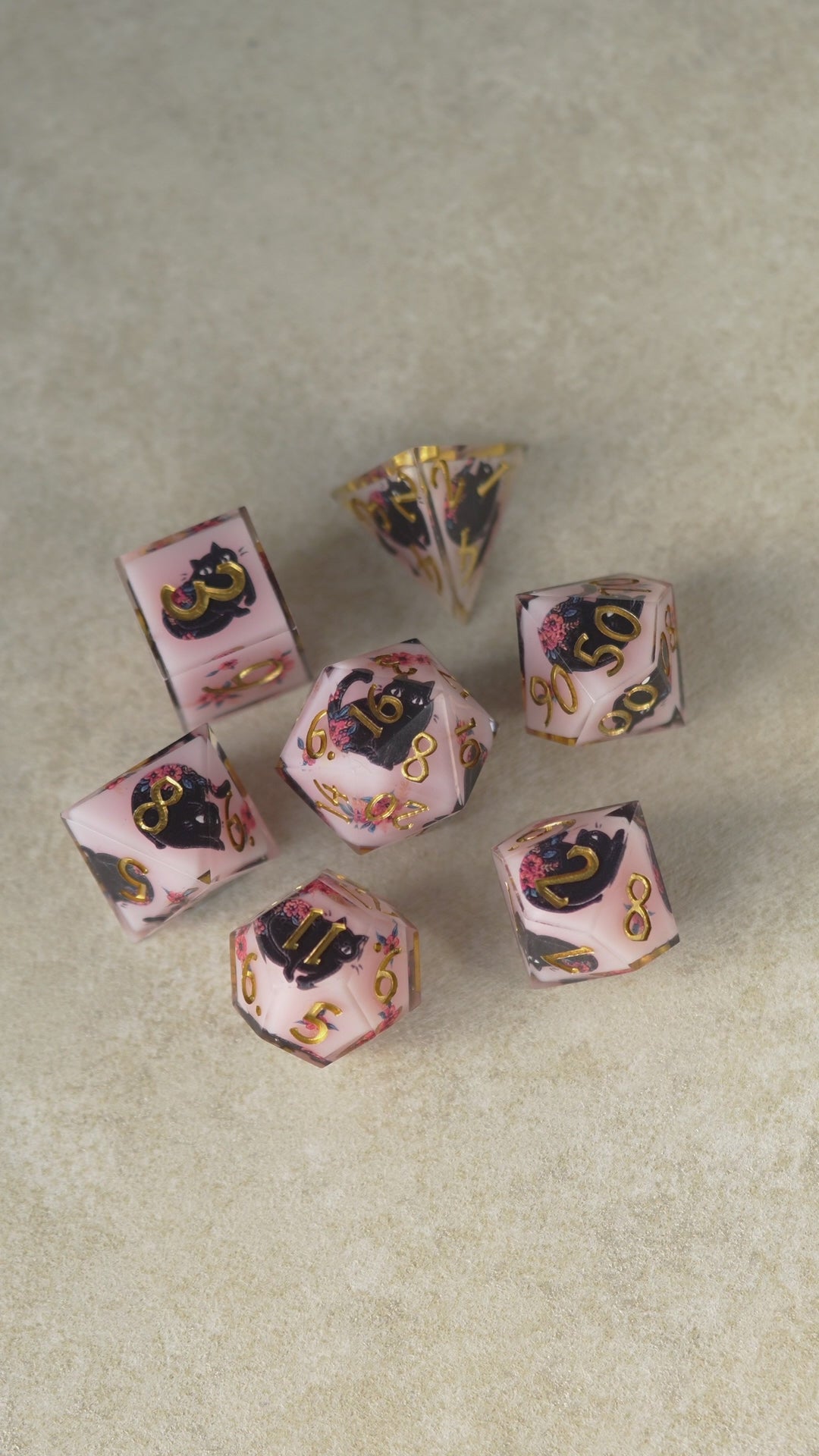 Black Cat and Flower Resin DnD D&D Dice Set