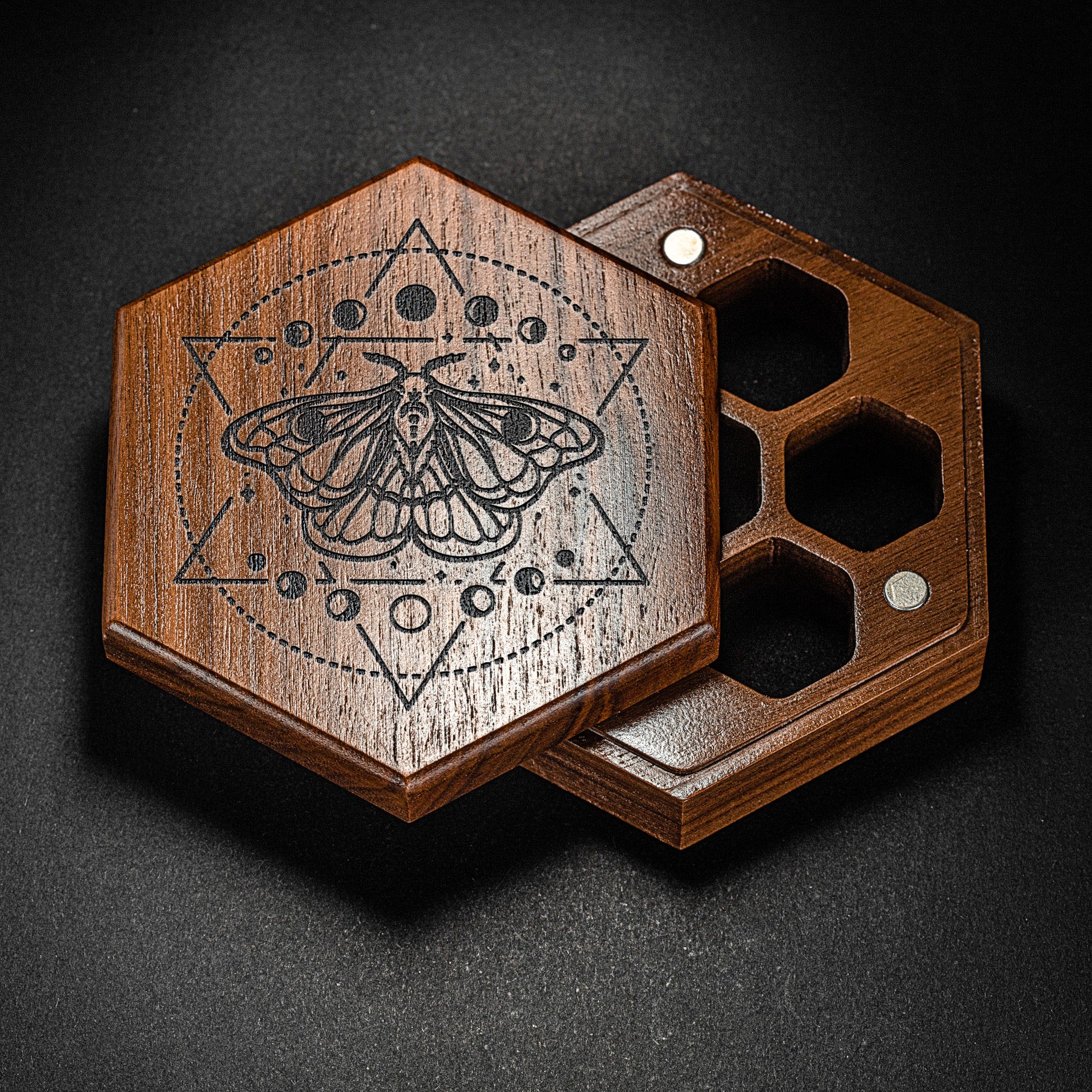 Black Walnut Wood Moth and Moon DnD D&D Dice Box - CrystalMaggie