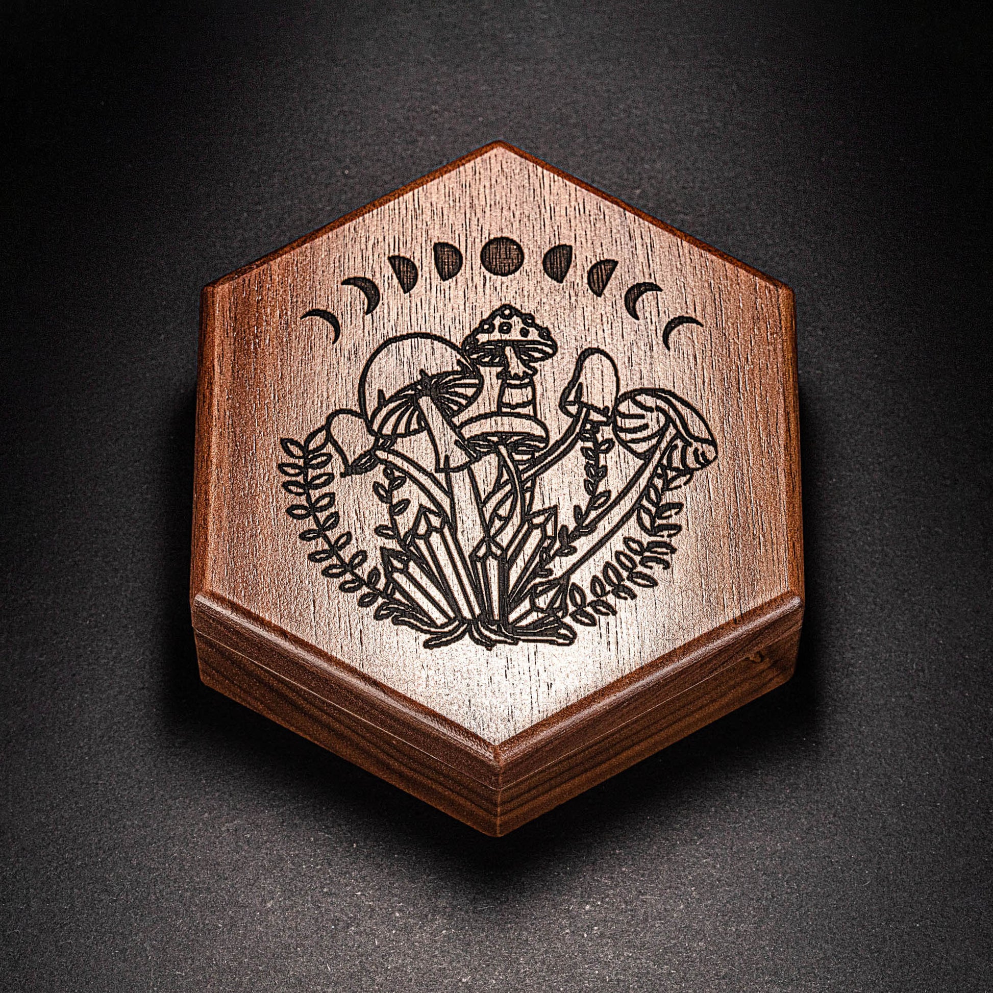 Black Walnut Wood Mushroom Motif DnD D&D Dice Box - CrystalMaggie
