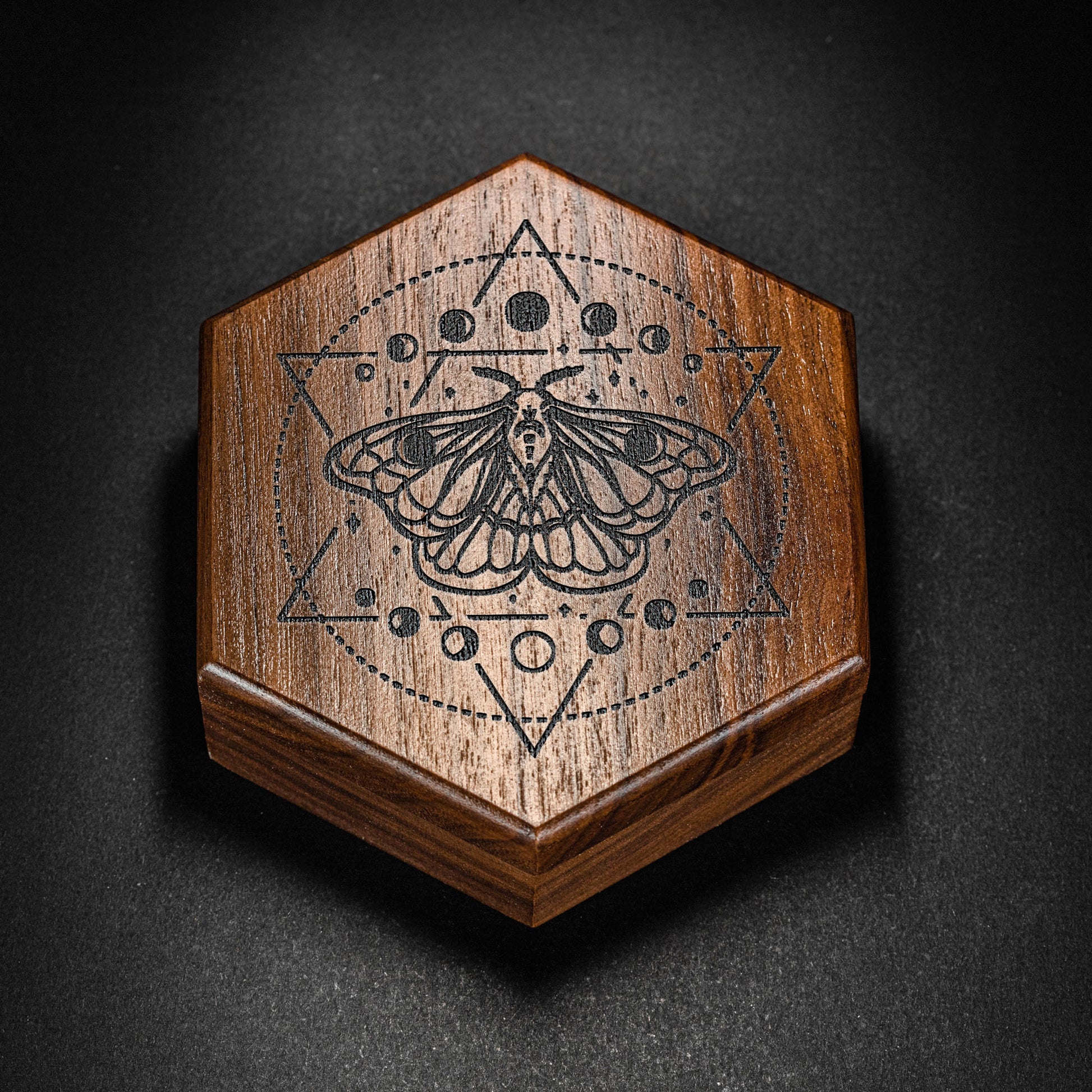 Black Walnut Wood Moth and Moon DnD D&D Dice Box - CrystalMaggie