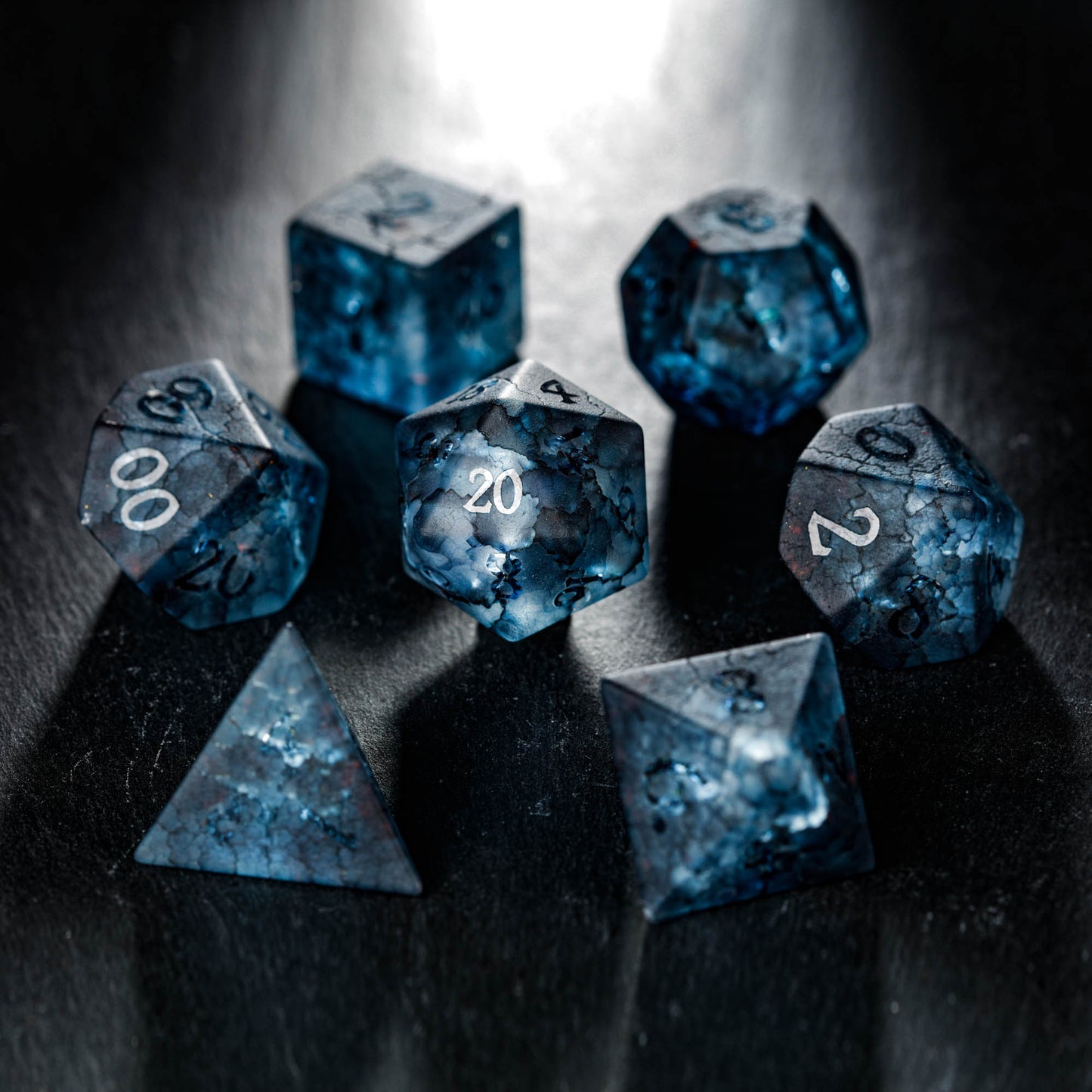 Raised Dark Blue Lightning Glass DnD D&D Dice Set