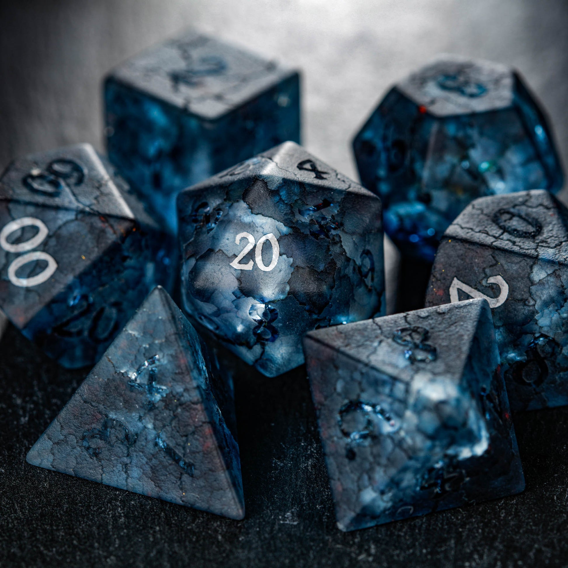 Raised Dark Blue Lightning Glass DnD D&D Dice Set - CrystalMaggie