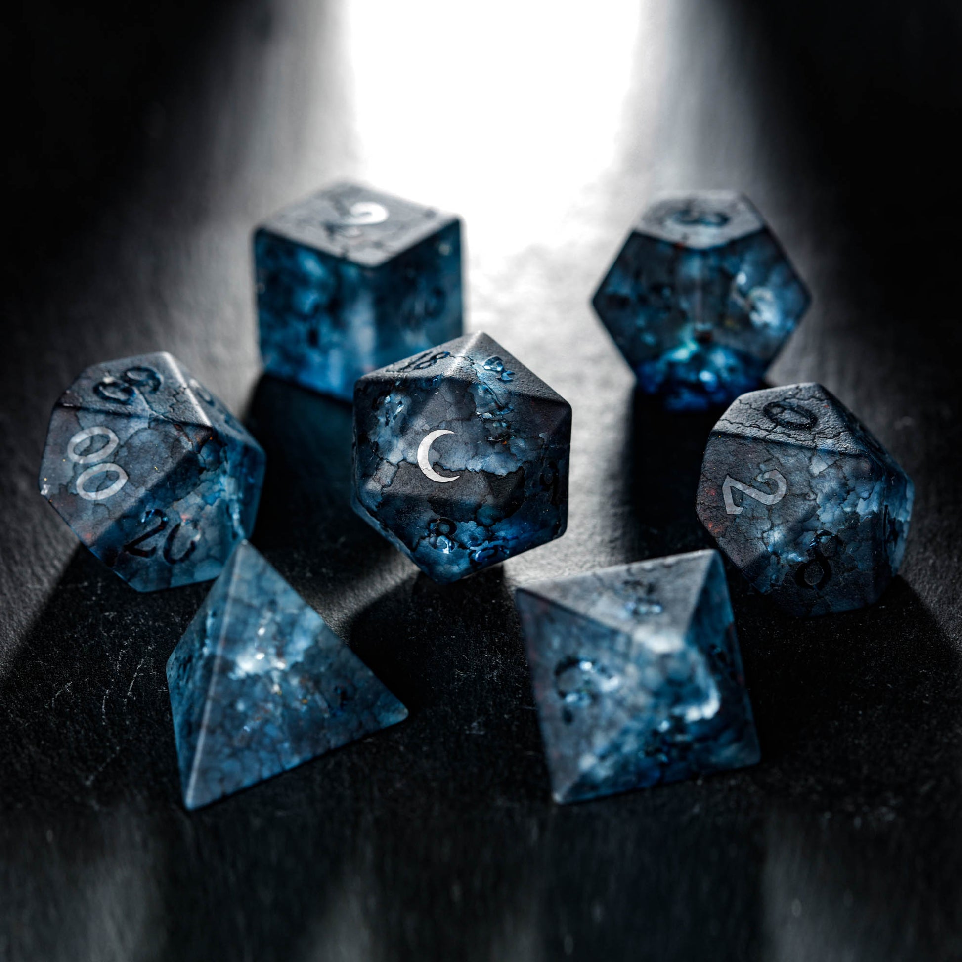 Raised Dark Blue Lightning Glass Moon DnD D&D Dice Set - CrystalMaggie