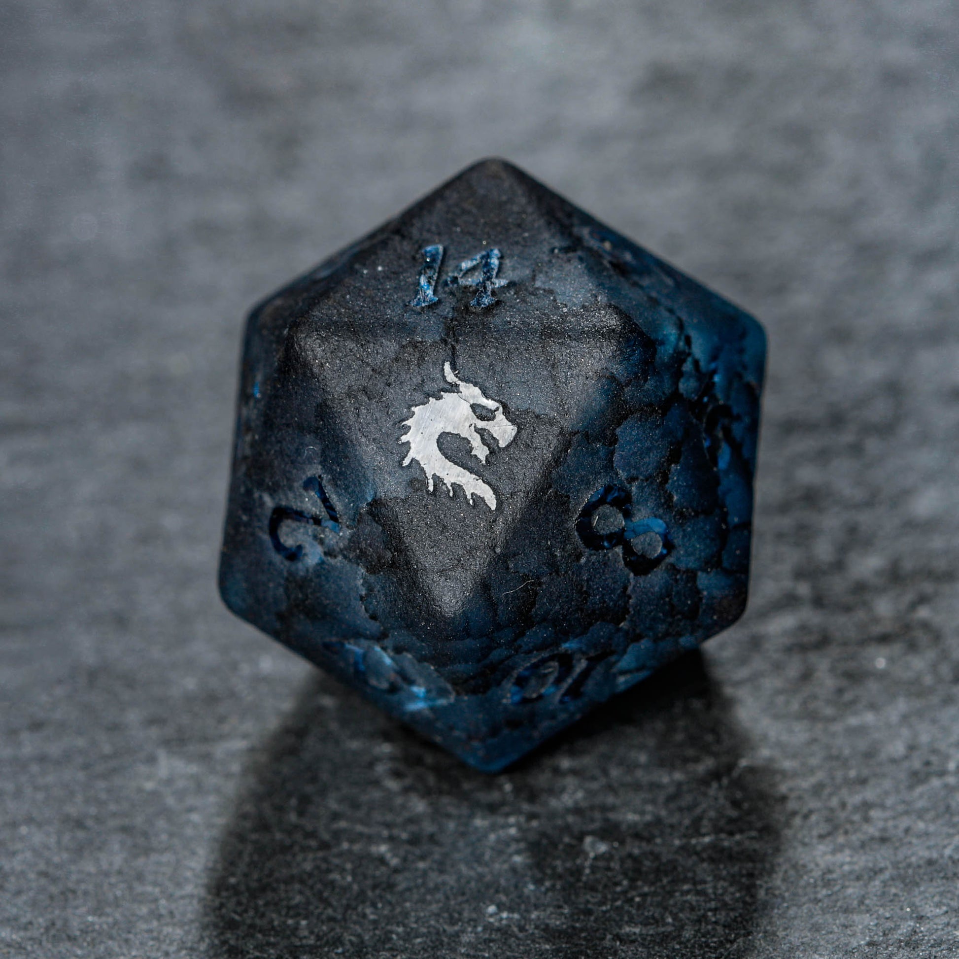 Raised Dark Blue Lightning Glass Dragon DnD D&D Dice Set - CrystalMaggie