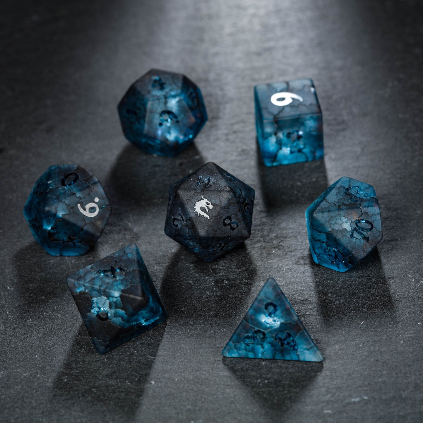 Raised Dark Blue Lightning Glass Dragon DnD D&D Dice Set
