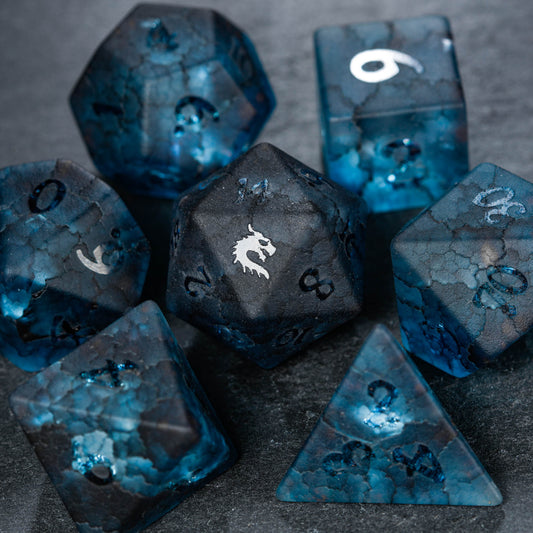 Raised Dark Blue Lightning Glass Dragon DnD D&D Dice Set - CrystalMaggie