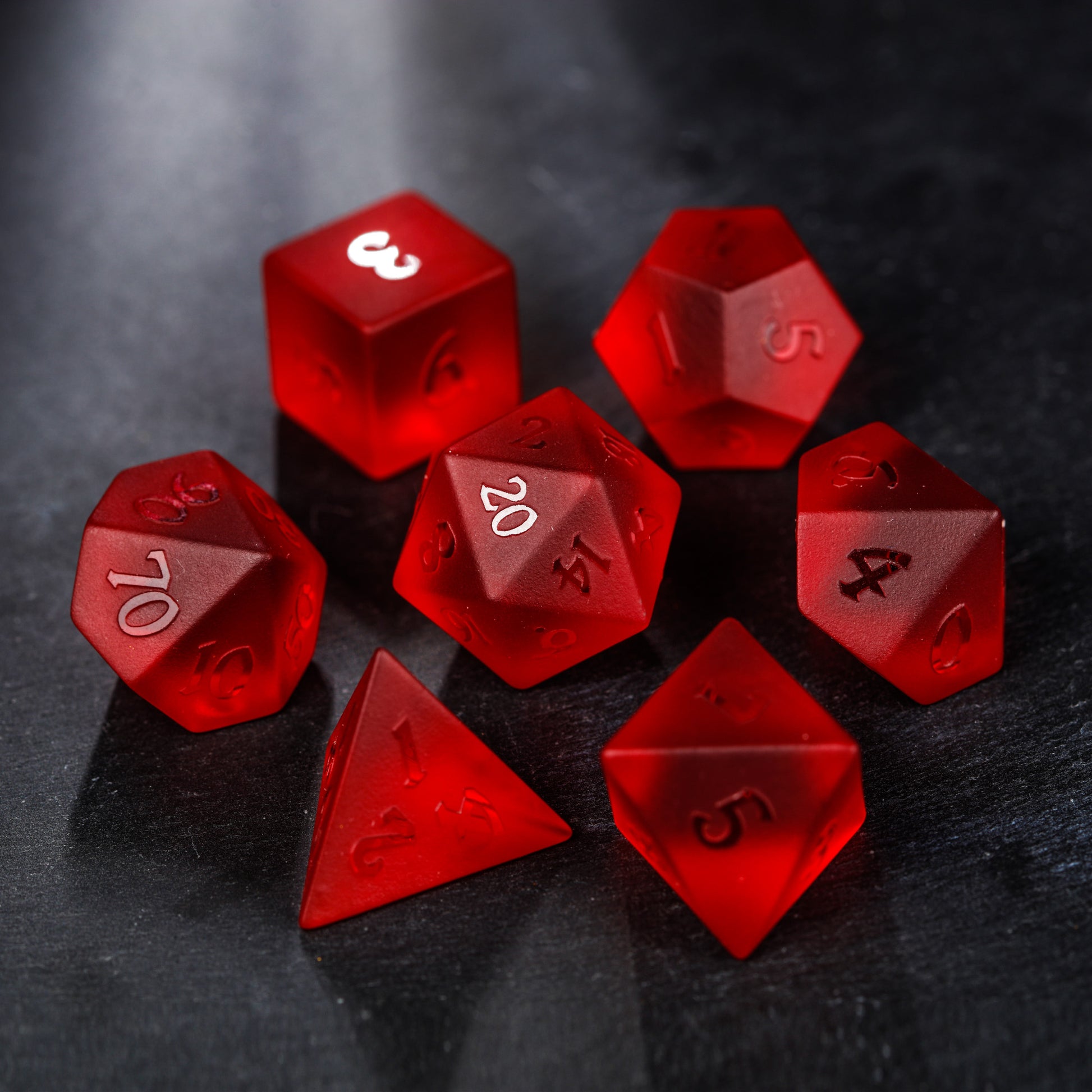 Raised Blood Red Glass DnD D&D Dice Set - CrystalMaggie
