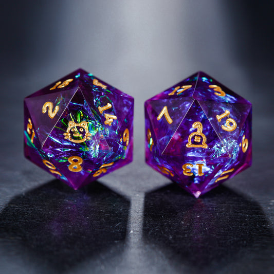 Purple Glitter Resin Galaxy Dice Cat Butt DnD D&D Dice Set - CrystalMaggie