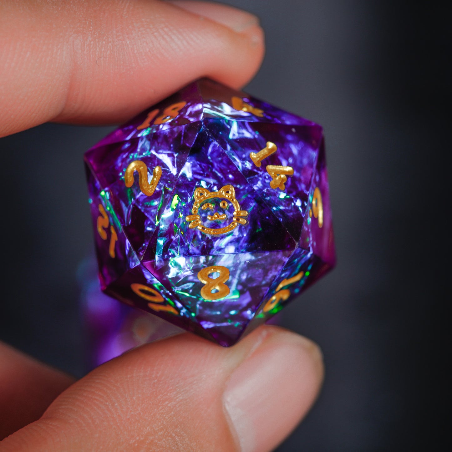 Purple Glitter Resin Galaxy Dice Cat Butt DnD D&D Dice Set - CrystalMaggie