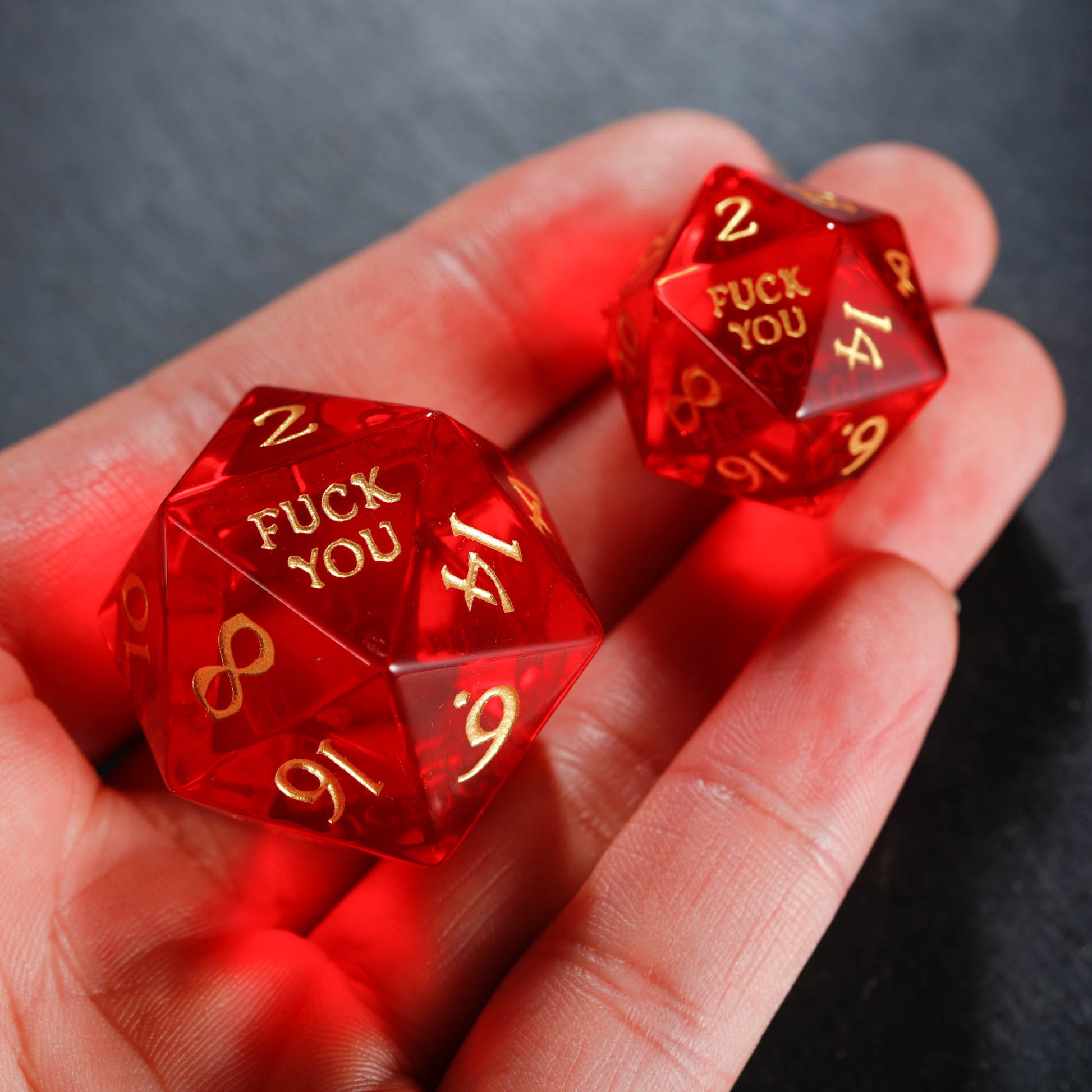 Blood Red Glass F Word DnD D&D Dice Chonk D20 - CrystalMaggie