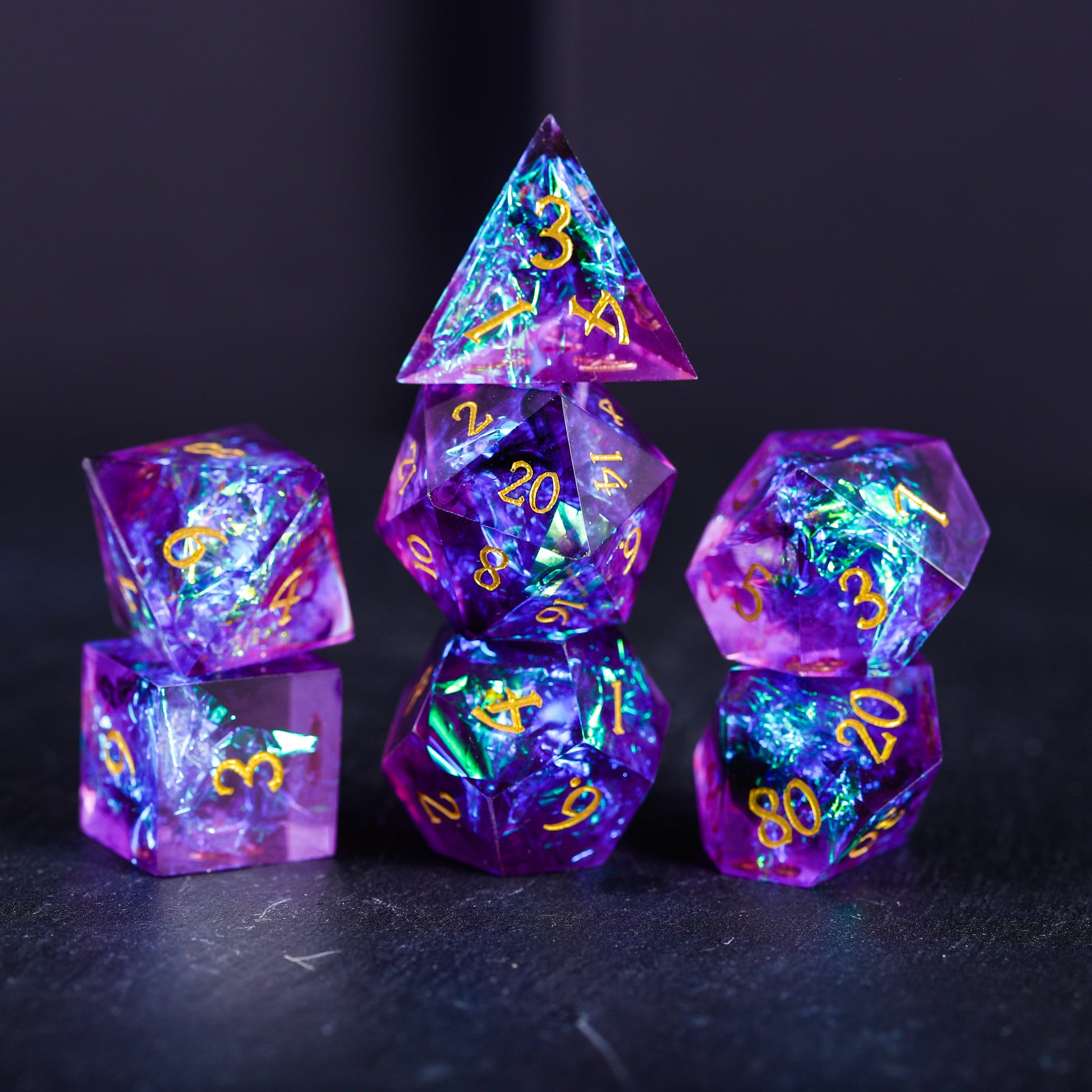 Purple Glitter Resin Galaxy DnD D&D Dice Set - CrystalMaggie