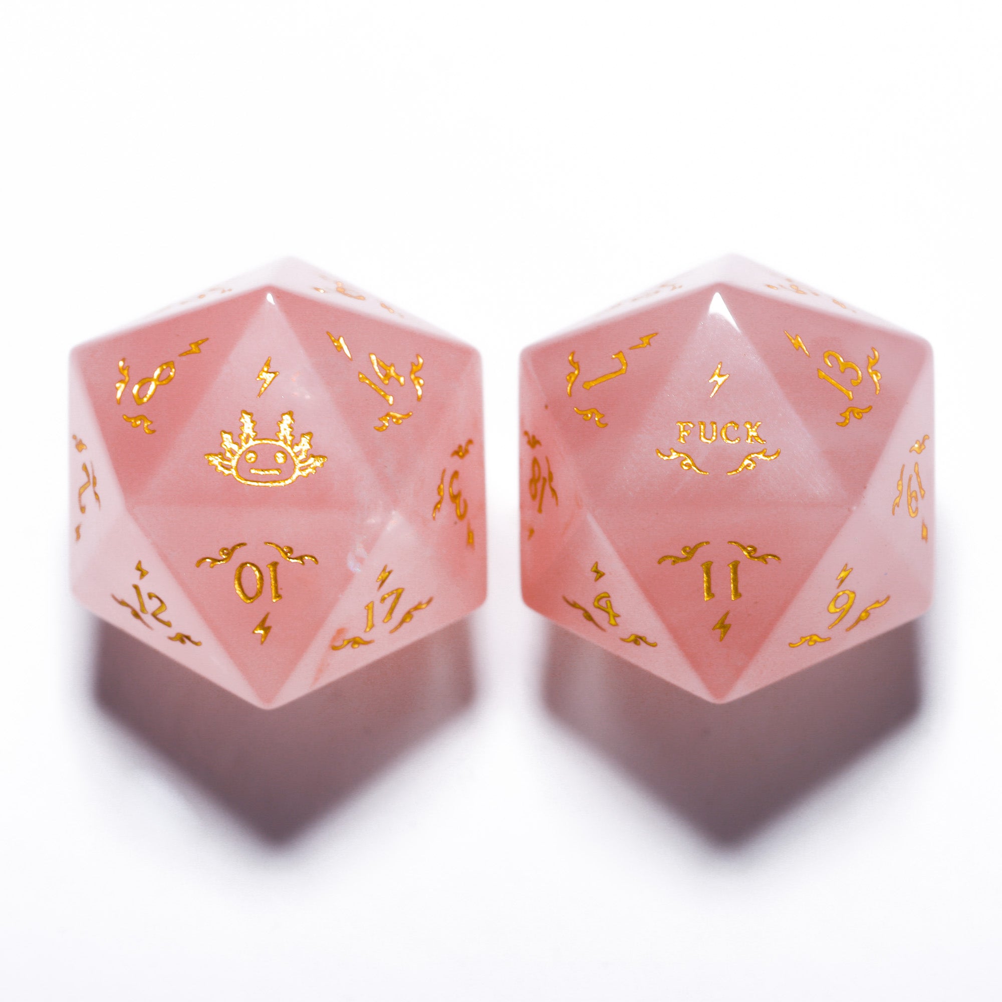 Rose Quartz Gemstone Axolotl F*ck DnD D&D Dice Set - CrystalMaggie