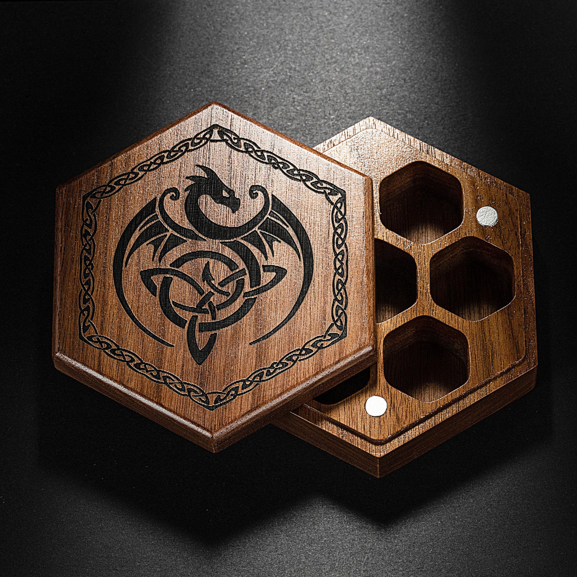 Black Walnut Wood Viking Dragon Motif DnD D&D Dice Box - CrystalMaggie
