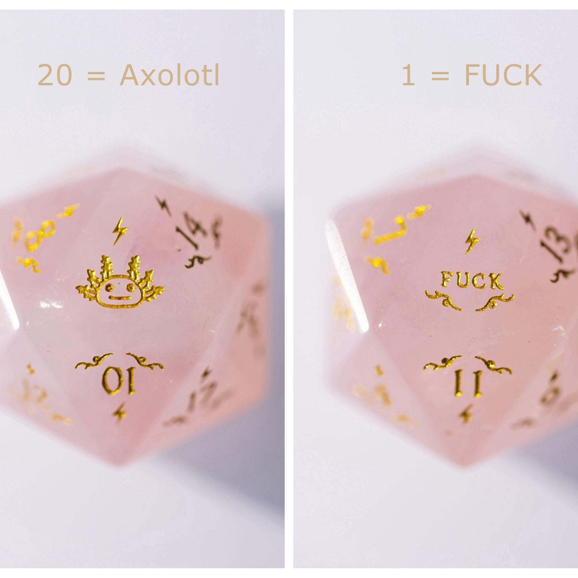 Rose Quartz Gemstone Axolotl F*ck DnD D&D Dice Set - CrystalMaggie