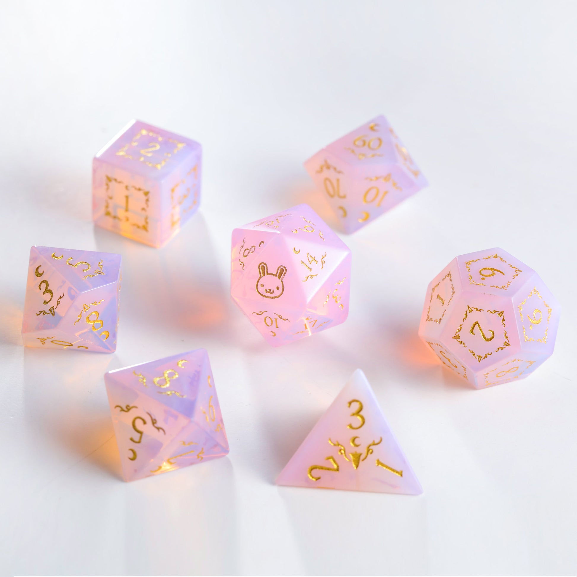Pink Opalite Gemstone Bunny F*ck DnD D&D Dice Set - CrystalMaggie