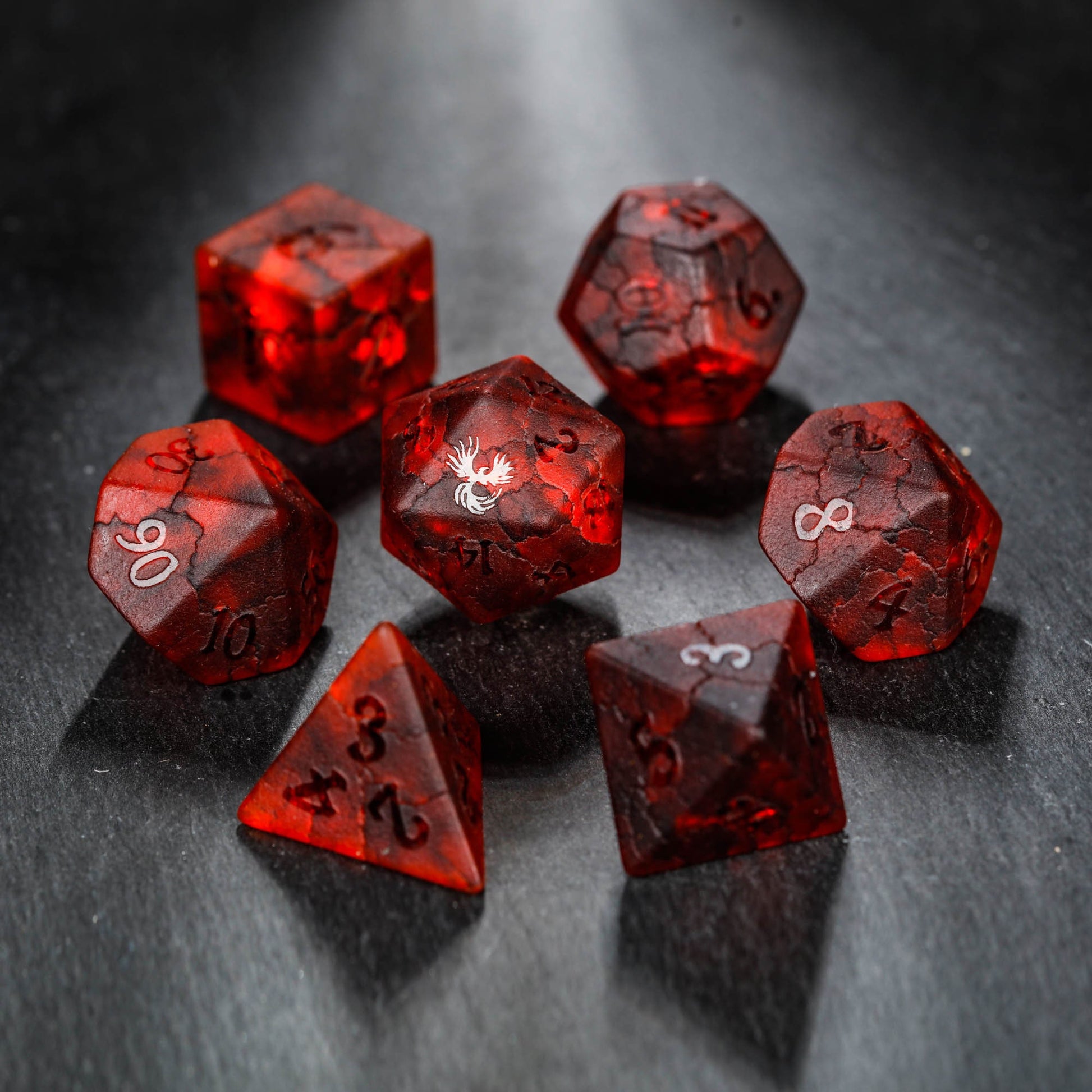 Raised Red Lightning Glass Phoenix DnD D&D Dice Set - CrystalMaggie