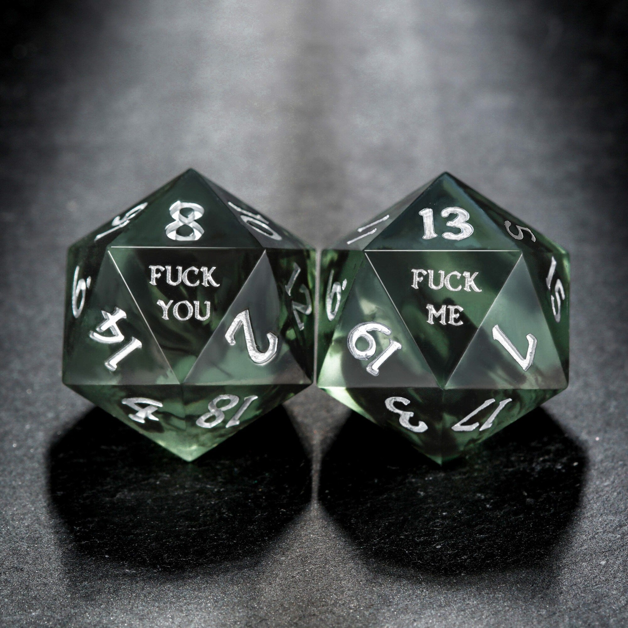 Smoky Dark Olive F Word DnD D&D Dice Set - CrystalMaggie