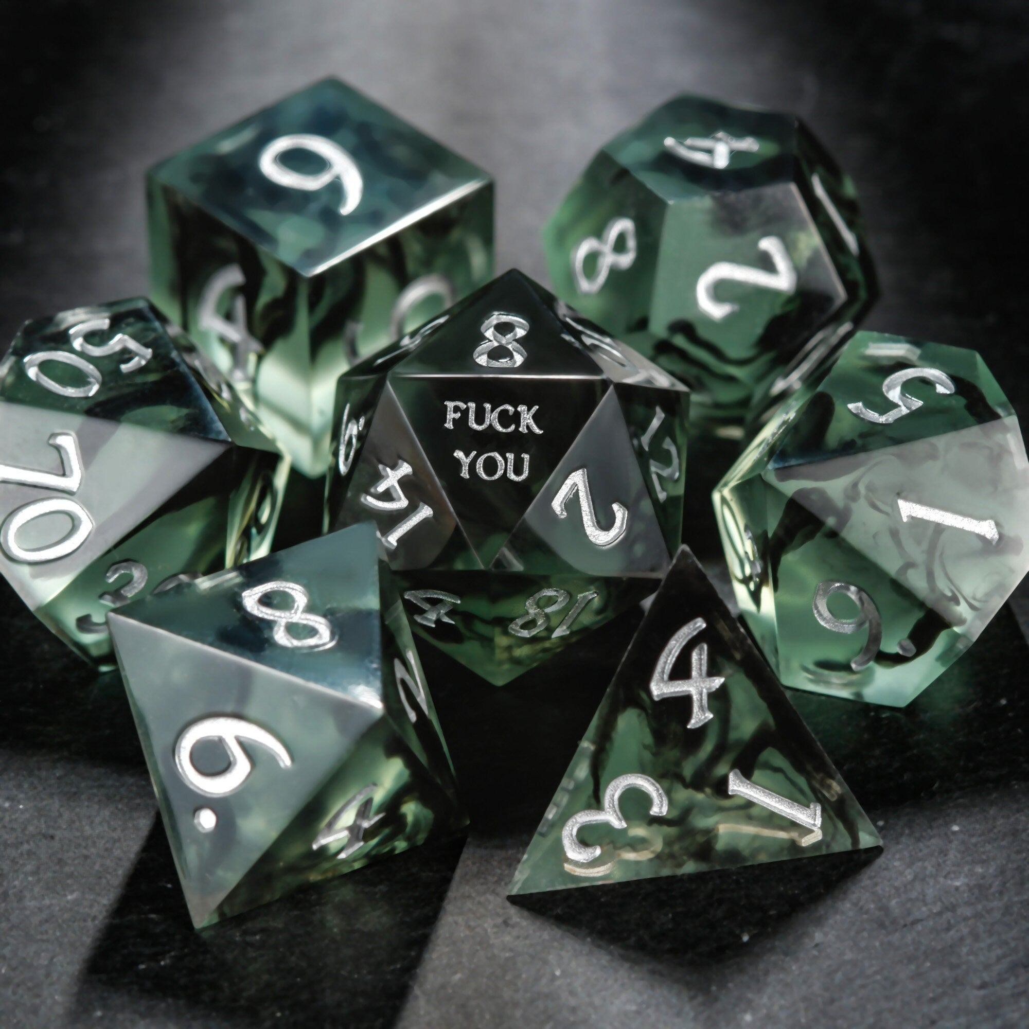 Smoky Dark Olive F Word DnD D&D Dice Set - CrystalMaggie