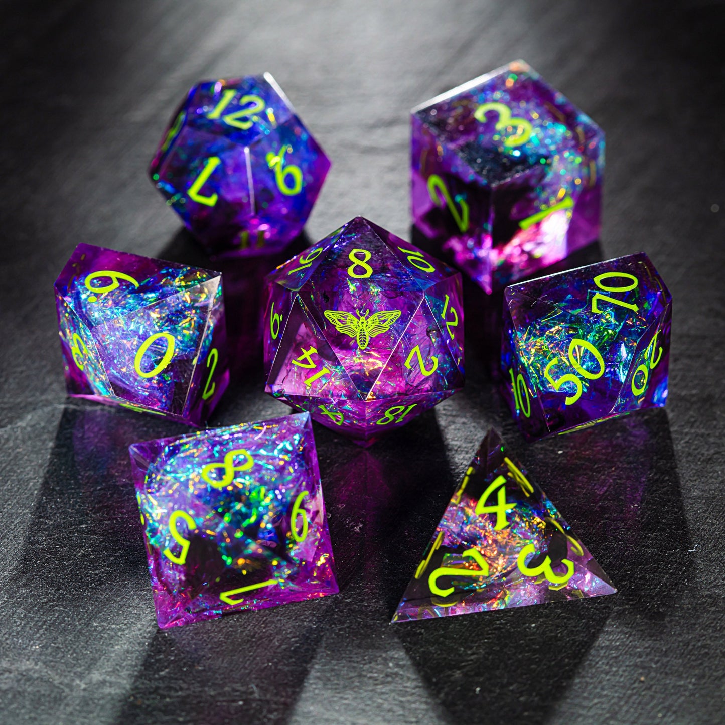 Purple Glitter Galaxy Dice Moth DnD D&D Dice Set - CrystalMaggie