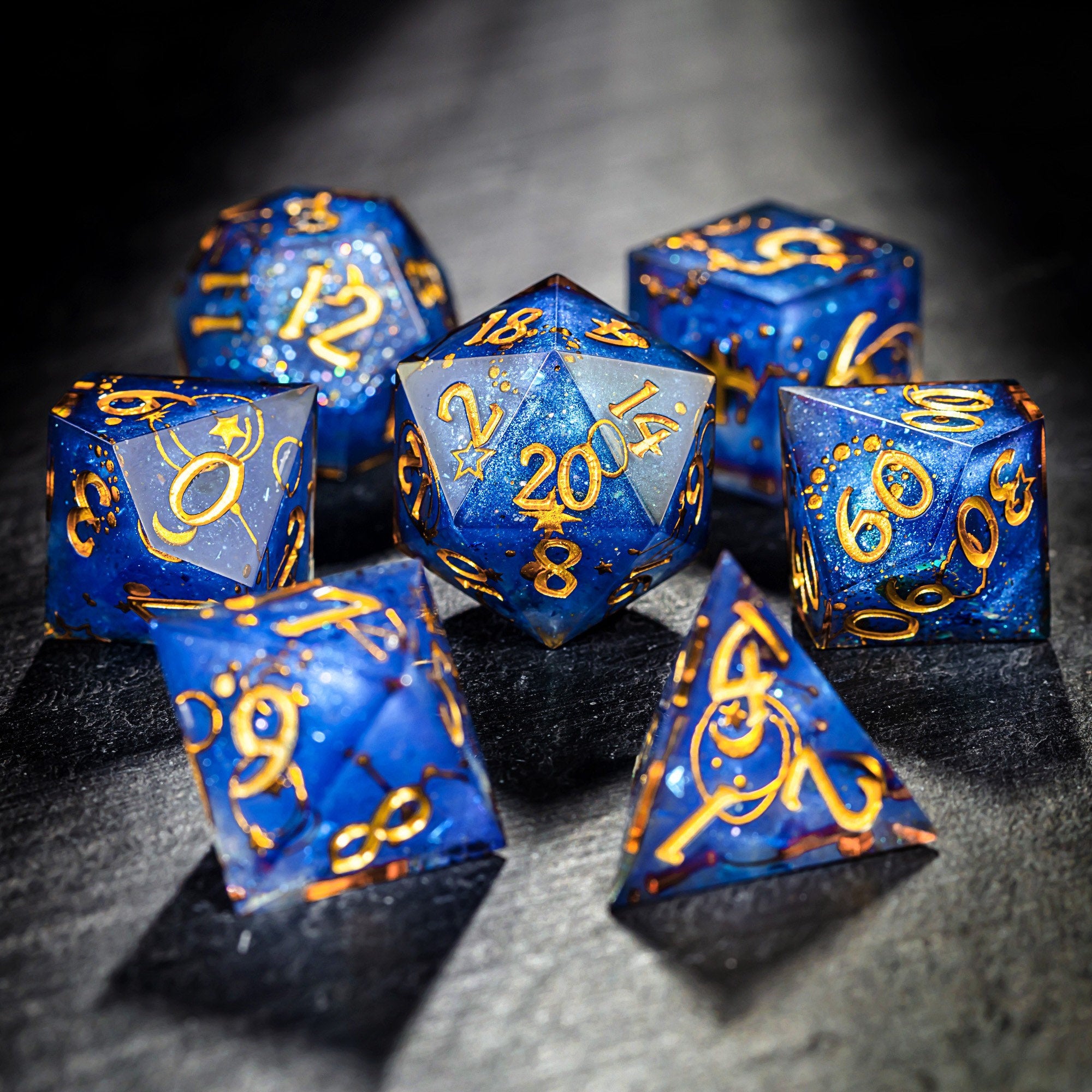 Sapphire Blue Astrology DnD D&D Dice Set - CrystalMaggie